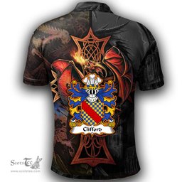 ScotsTee Shop Welsh Clifford of Herefordshire Coat of Arms Family Crest Wales Polo Shirt Celtic Cross and Dragon With Sword Polo Shirt