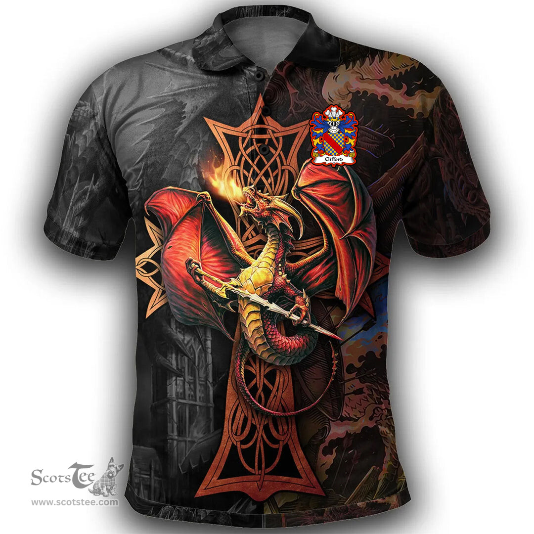 ScotsTee Shop Welsh Clifford of Herefordshire Coat of Arms Family Crest Wales Polo Shirt Celtic Cross and Dragon With Sword Polo Shirt