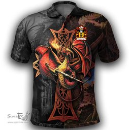 ScotsTee Shop Welsh Iorwerth SAIS Coat of Arms Family Crest Wales Polo Shirt Celtic Cross and Dragon With Sword Polo Shirt