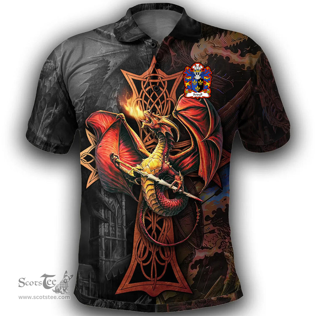 ScotsTee Shop Welsh Seisyll AP DYFNWAL Coat of Arms Family Crest Wales Polo Shirt Celtic Cross and Dragon With Sword Polo Shirt