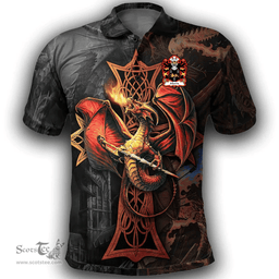 ScotsTee Shop Welsh Morris of Cardiganshire Coat of Arms Family Crest Wales Polo Shirt Celtic Cross and Dragon With Sword Polo Shirt