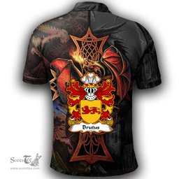 ScotsTee Shop Welsh Brutus AP JULIUS AB ASCANIUS Coat of Arms Family Crest Wales Polo Shirt Celtic Cross and Dragon With Sword Polo Shirt