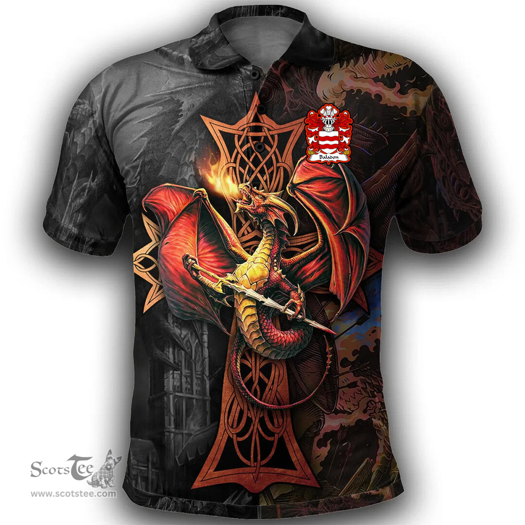 ScotsTee Shop Welsh Baladon or Ballon lord of Abergavenny Coat of Arms Family Crest Wales Polo Shirt Celtic Cross and Dragon With Sword Polo Shirt