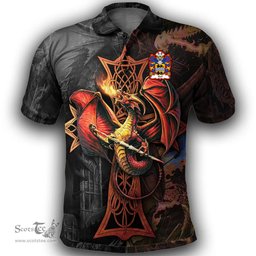 ScotsTee Shop Welsh Voel of Haverfordwest Pembrokeshire Coat of Arms Family Crest Wales Polo Shirt Celtic Cross and Dragon With Sword Polo Shirt