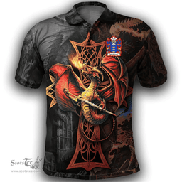 ScotsTee Shop Welsh Maelgwn GWYNEDD King of Gwynedd Coat of Arms Family Crest Wales Polo Shirt Celtic Cross and Dragon With Sword Polo Shirt