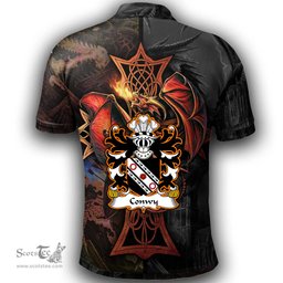 ScotsTee Shop Welsh Conwy of Bodrhyddan Flint Coat of Arms Family Crest Wales Polo Shirt Celtic Cross and Dragon With Sword Polo Shirt