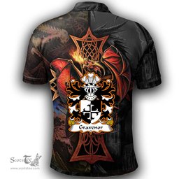 ScotsTee Shop Welsh Gravenor or Gosvenor Coat of Arms Family Crest Wales Polo Shirt Celtic Cross and Dragon With Sword Polo Shirt