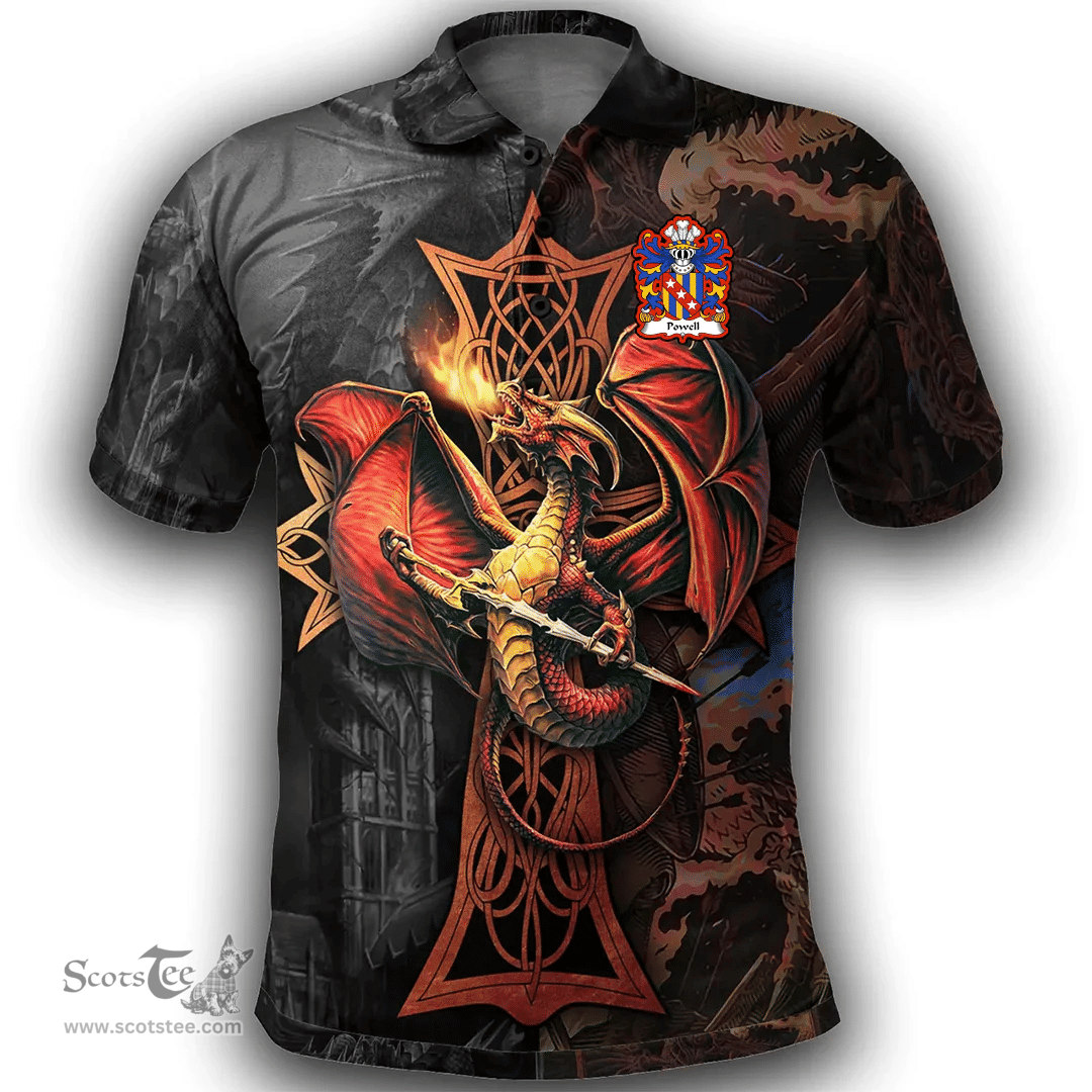 ScotsTee Shop Welsh Powell or POUUEL Sir Hywel ap Hywel Coat of Arms Family Crest Wales Polo Shirt Celtic Cross and Dragon With Sword Polo Shirt