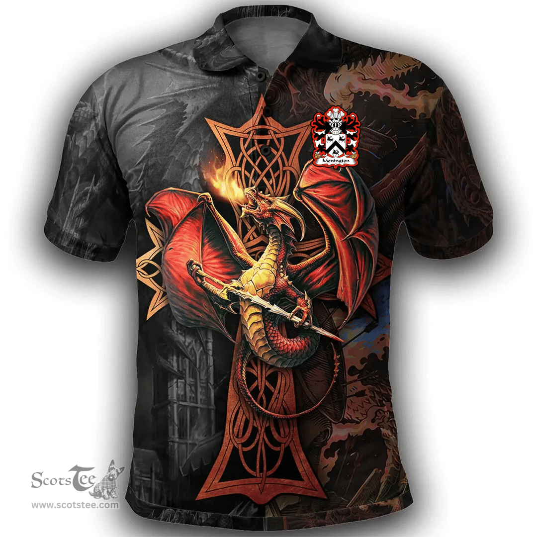 ScotsTee Shop Welsh Monington of Brinsop Herefordshire Coat of Arms Family Crest Wales Polo Shirt Celtic Cross and Dragon With Sword Polo Shirt