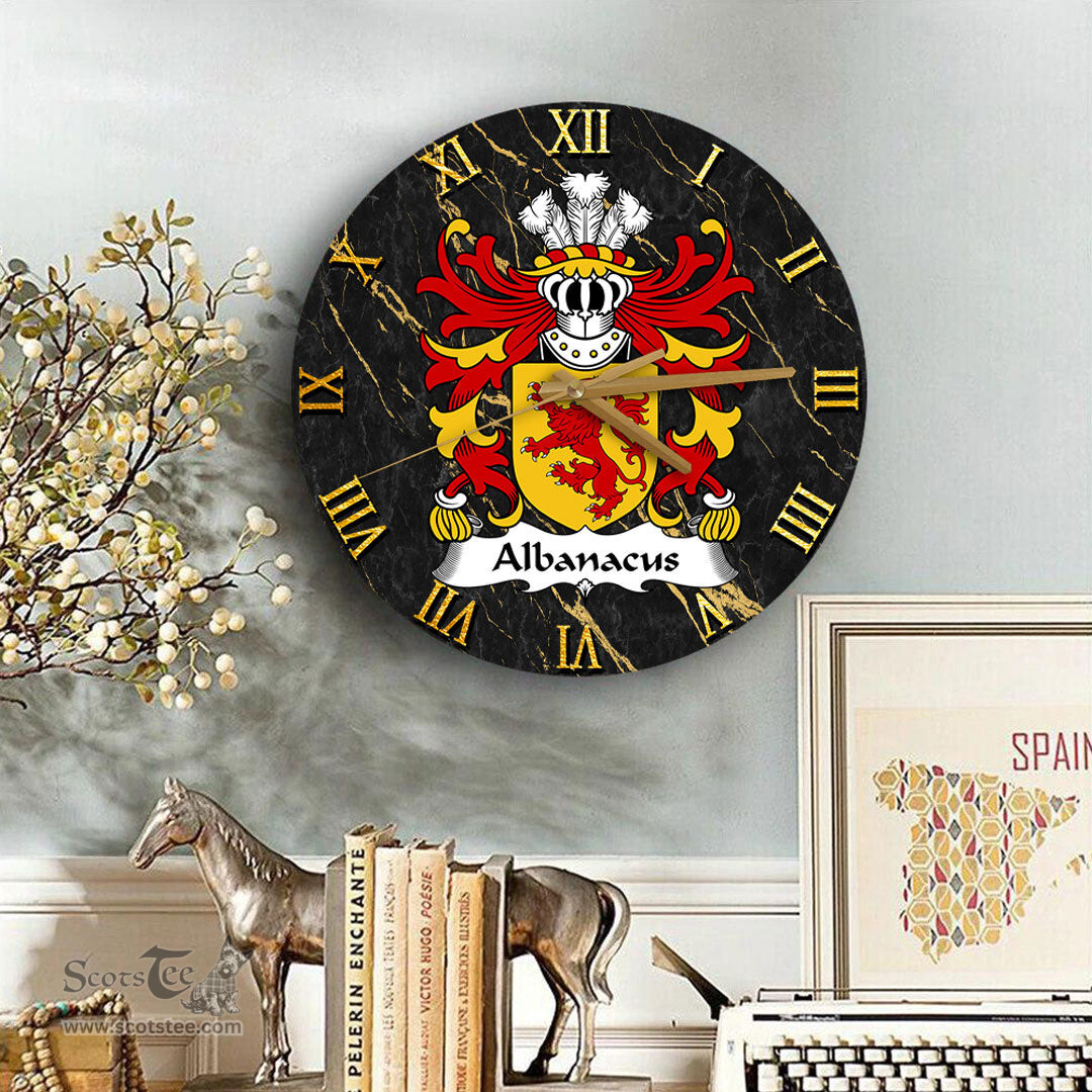 ScotsTee Shop Welsh Albanacus Son of Brutus Coat of Arms Family Crest Wales Wooden Wall Clock Black and Gold Marble Wall Clock