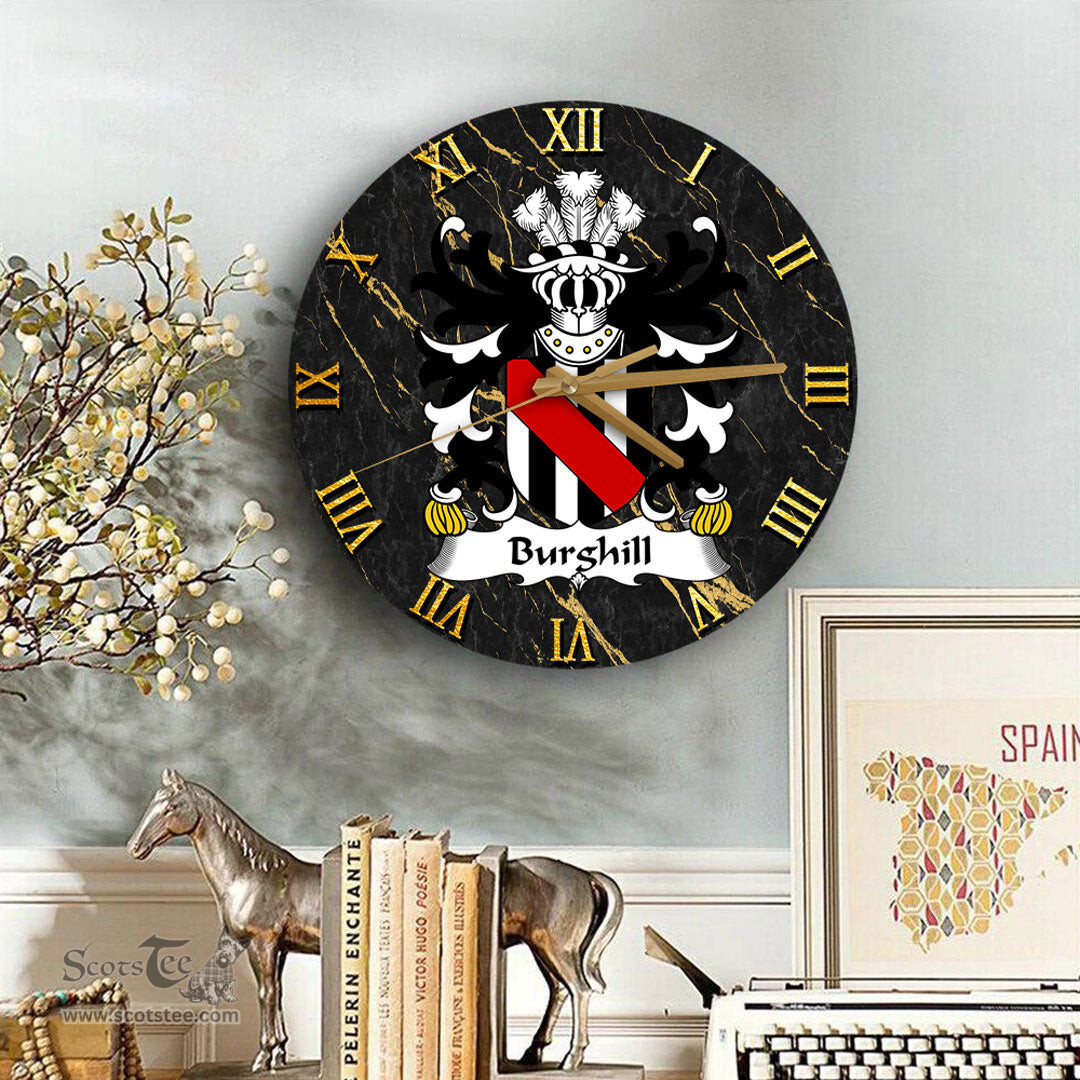 ScotsTee Shop Welsh Burghill Lord of Crickhowell Coat of Arms Family Crest Wales Wooden Wall Clock Black and Gold Marble Wall Clock