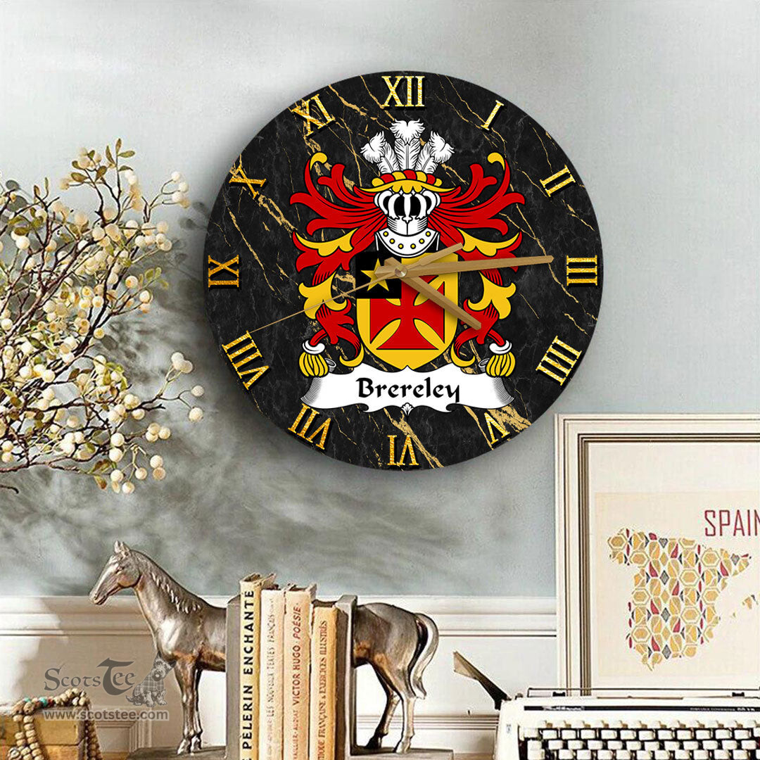 ScotsTee Shop Welsh Brereley or Brierley Coat of Arms Family Crest Wales Wooden Wall Clock Black and Gold Marble Wall Clock