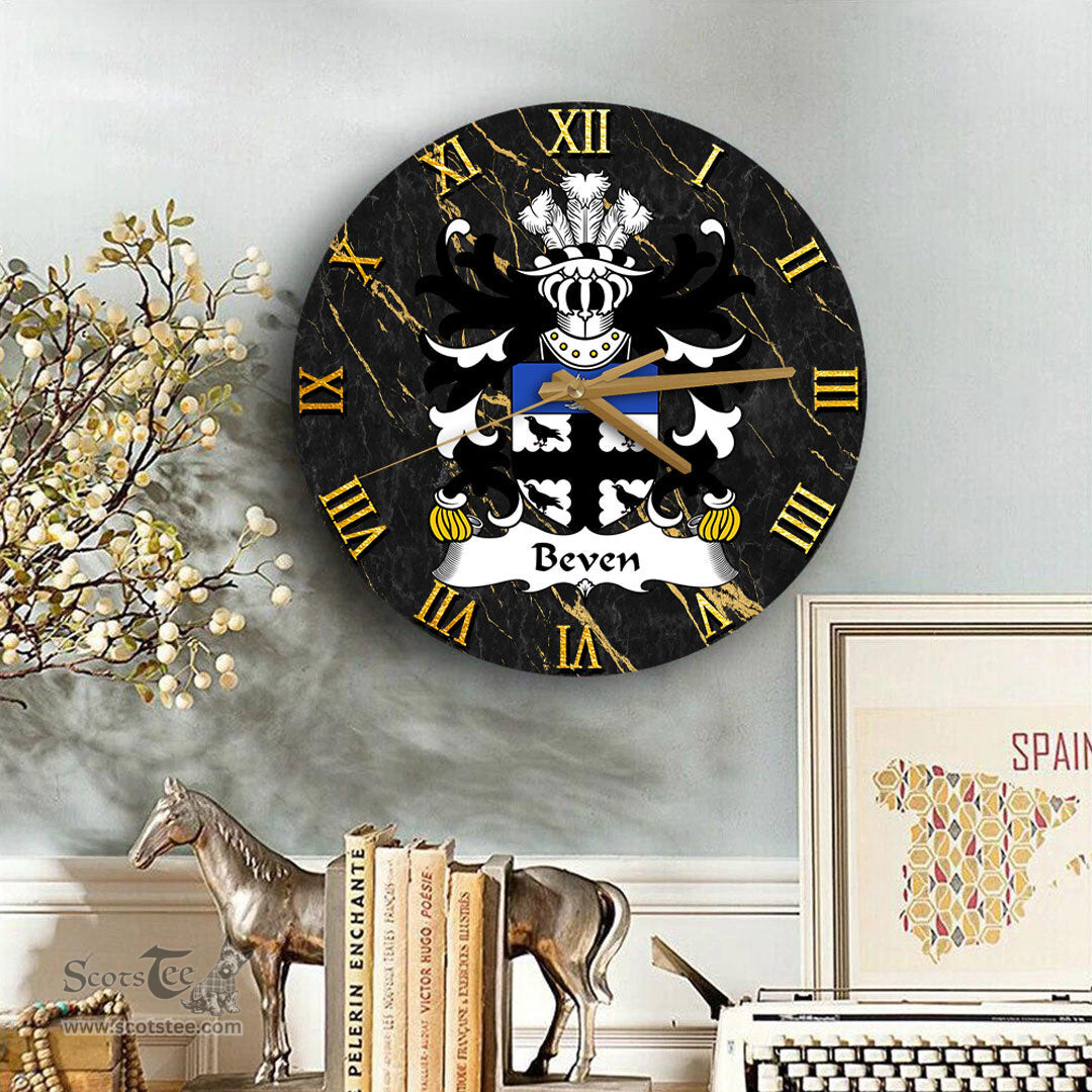 ScotsTee Shop Welsh Beven or Bevan Coat of Arms Family Crest Wales Wooden Wall Clock Black and Gold Marble Wall Clock