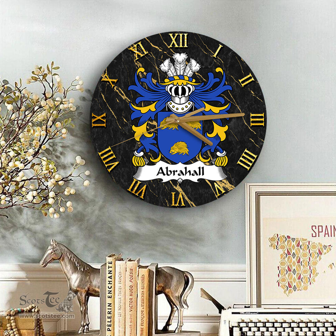 ScotsTee Shop Welsh Abrahall Coat of Arms Family Crest Wales Wooden Wall Clock Black and Gold Marble Wall Clock