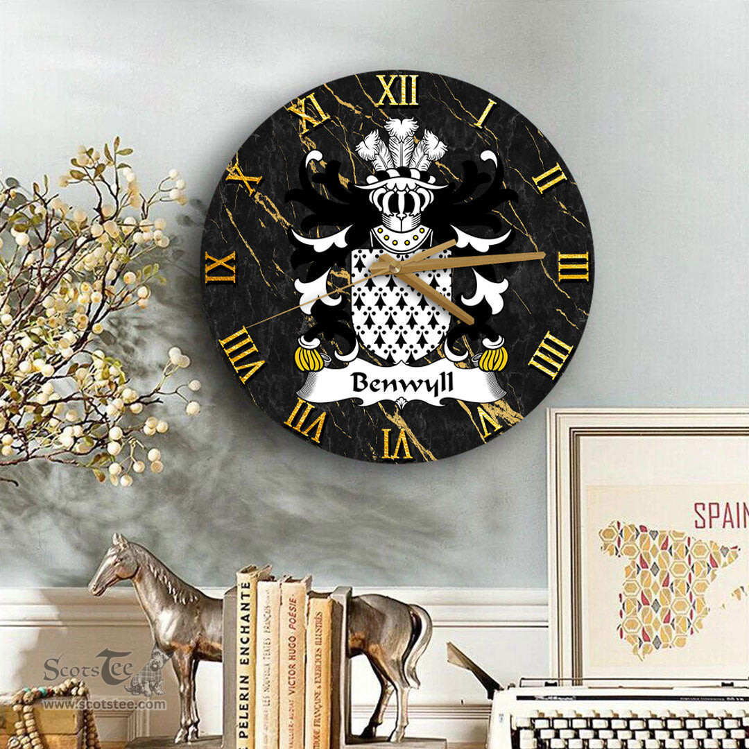 ScotsTee Shop Welsh Benwyll or Benweill Coat of Arms Family Crest Wales Wooden Wall Clock Black and Gold Marble Wall Clock