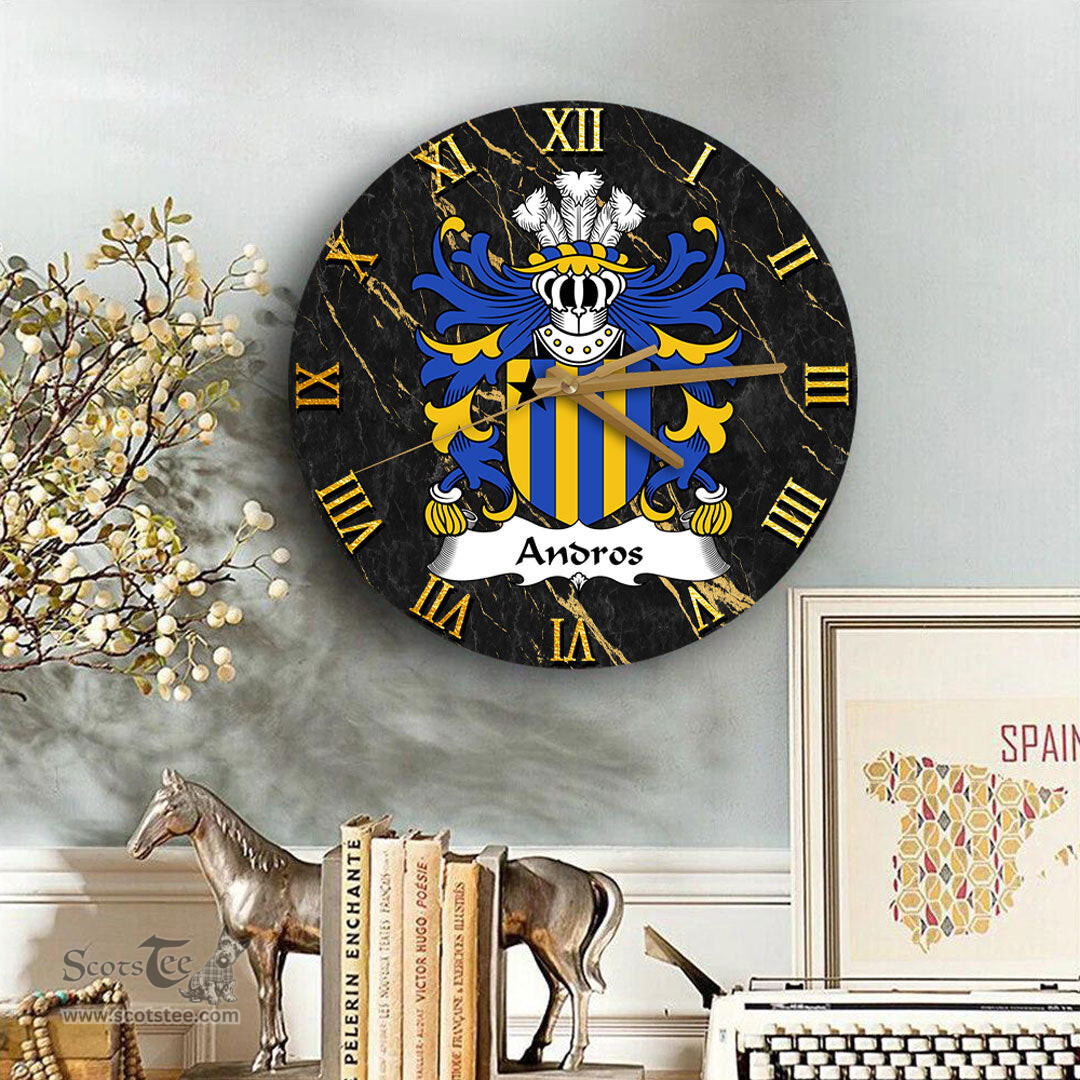 ScotsTee Shop Welsh Andros or Andrews Coat of Arms Family Crest Wales Wooden Wall Clock Black and Gold Marble Wall Clock
