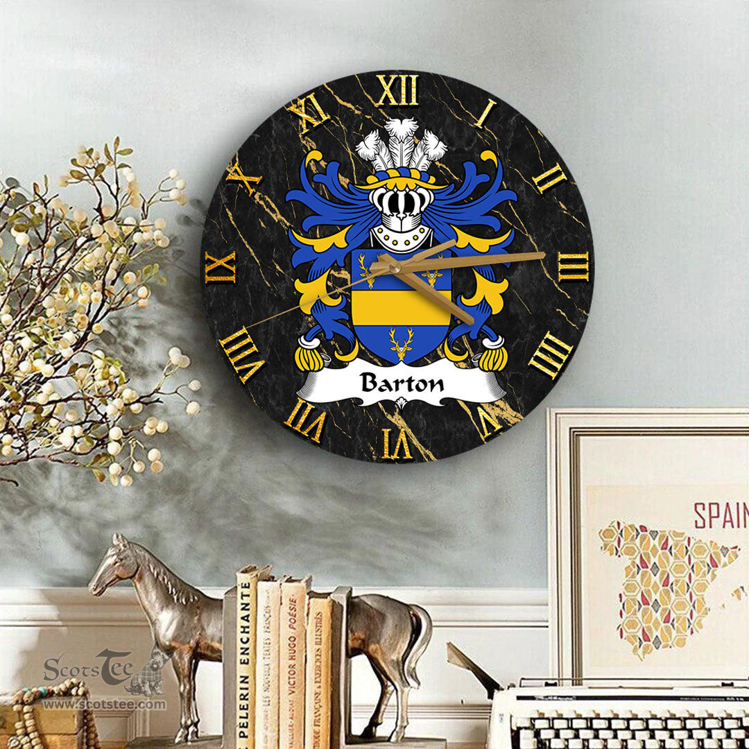 ScotsTee Shop Welsh Barton Coat of Arms Family Crest Wales Wooden Wall Clock Black and Gold Marble Wall Clock