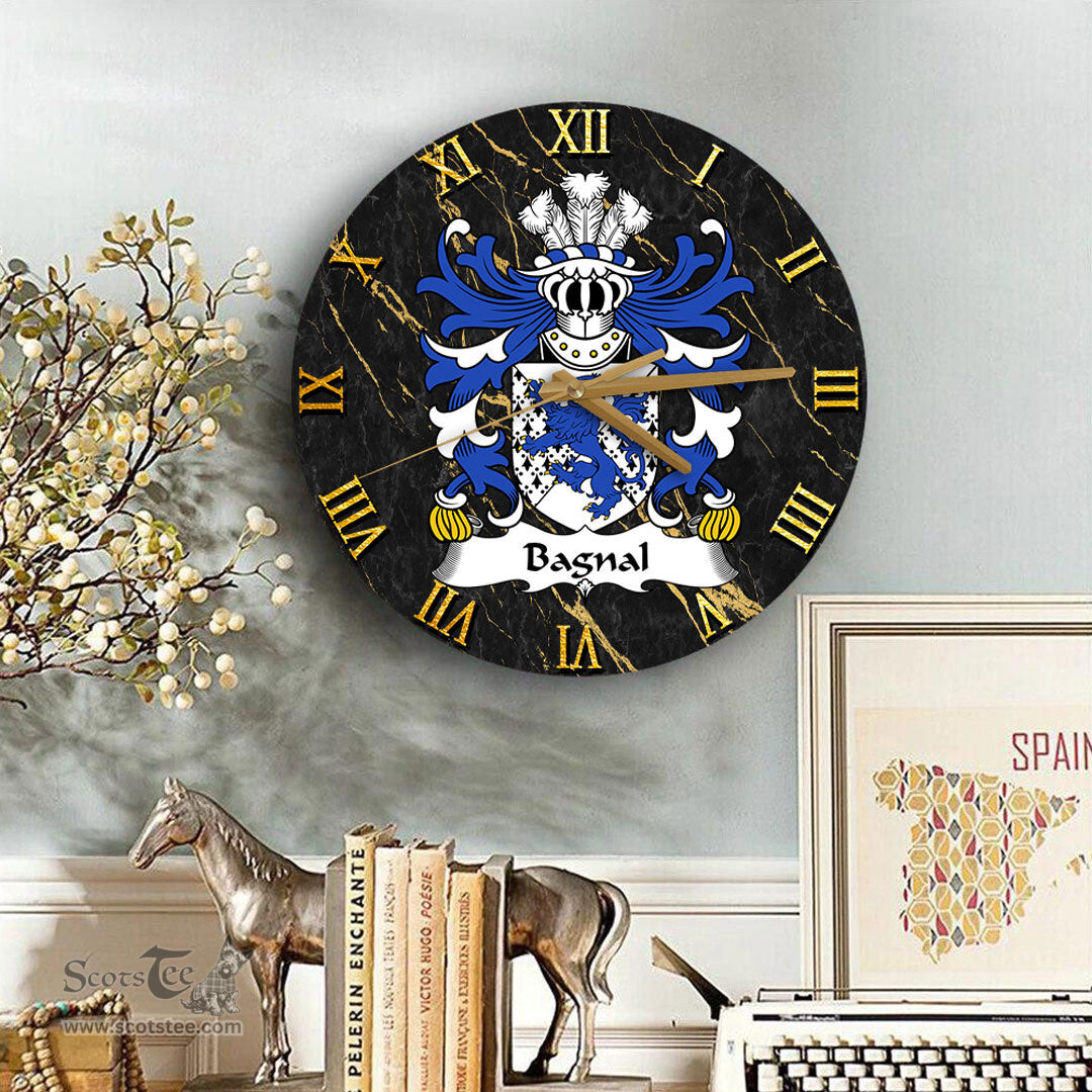 ScotsTee Shop Welsh Bagnal of Anglesey Coat of Arms Family Crest Wales Wooden Wall Clock Black and Gold Marble Wall Clock