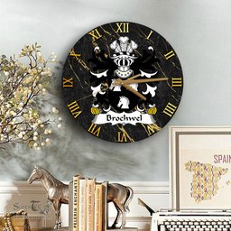 ScotsTee Shop Welsh Brochwel YSGITHROG Coat of Arms Family Crest Wales Wooden Wall Clock Black and Gold Marble Wall Clock