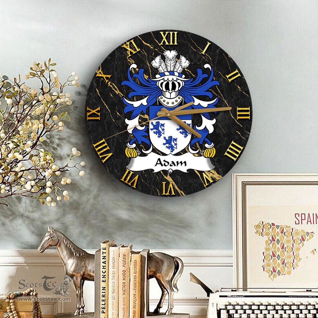 ScotsTee Shop Welsh Adam AP HYWEL Coat of Arms Family Crest Wales Wooden Wall Clock Black and Gold Marble Wall Clock