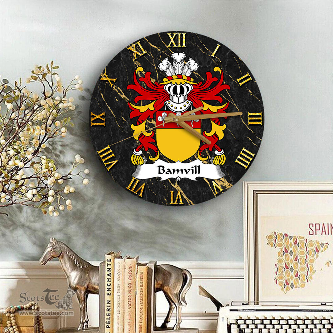 ScotsTee Shop Welsh Bamvill or Bambil Coat of Arms Family Crest Wales Wooden Wall Clock Black and Gold Marble Wall Clock