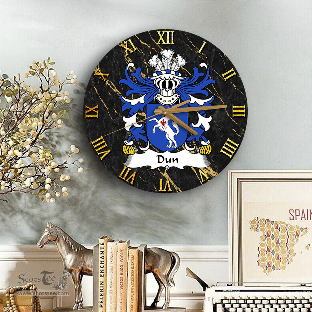 ScotsTee Shop Welsh Dun or DONNE Sir Daniel Coat of Arms Family Crest Wales Wooden Wall Clock Black and Gold Marble Wall Clock