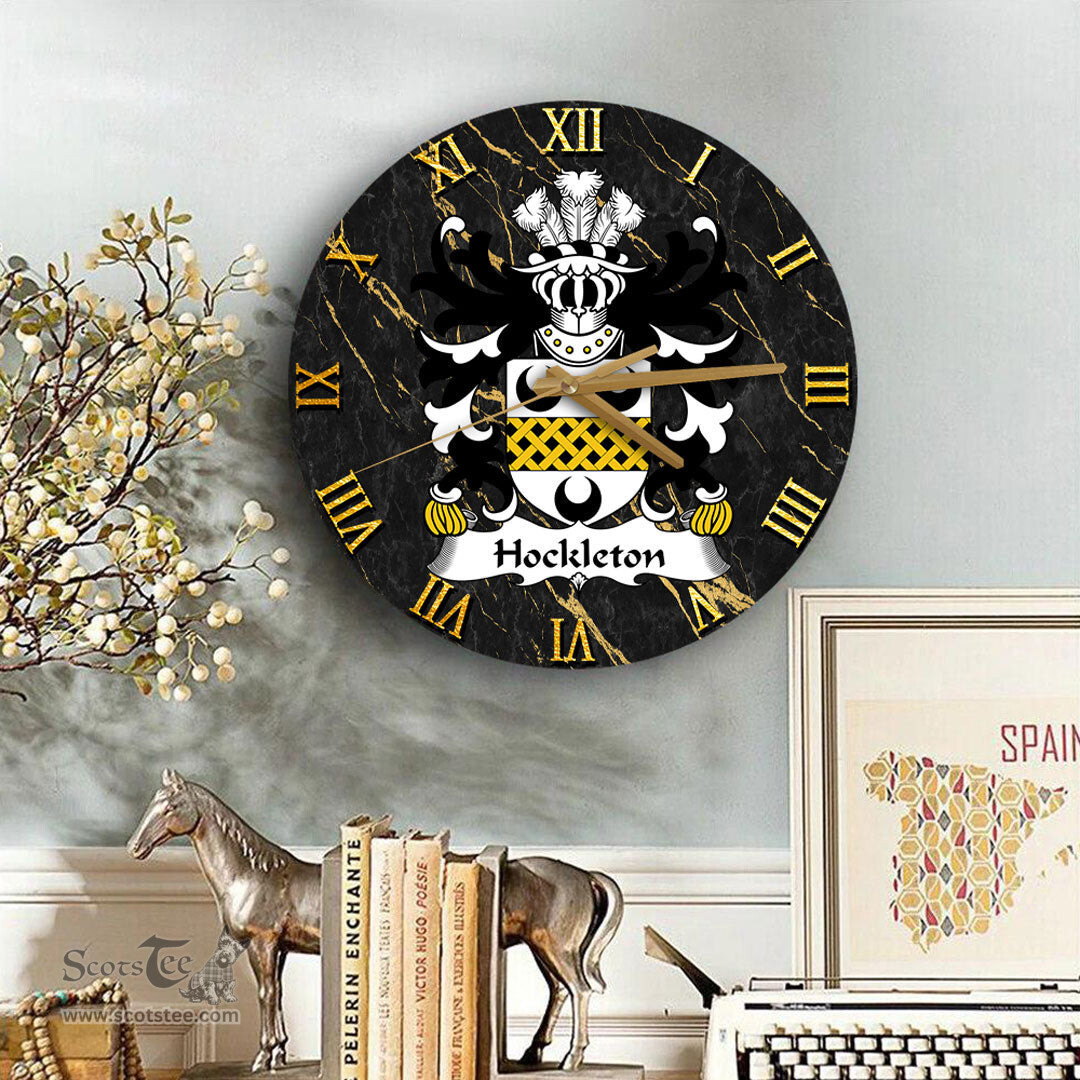 ScotsTee Shop Welsh Hockleton of Trergarreg Church Stoke Coat of Arms Family Crest Wales Wooden Wall Clock Black and Gold Marble Wall Clock