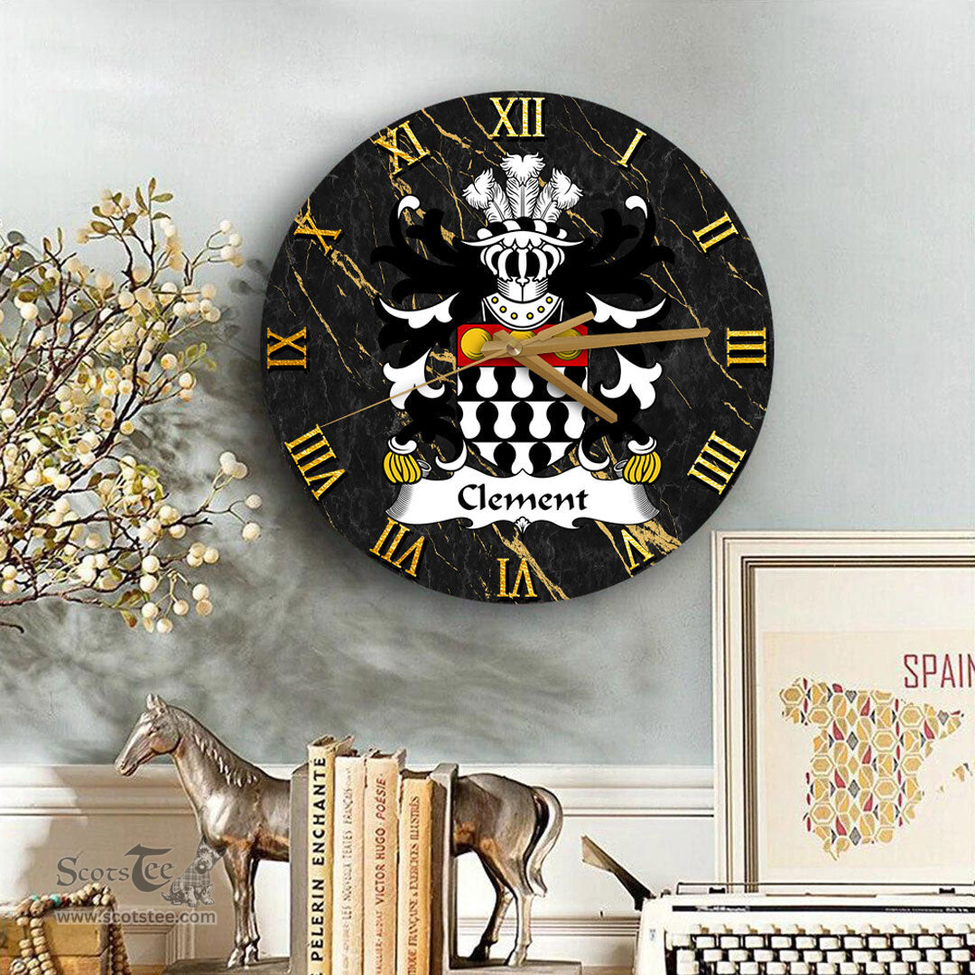 ScotsTee Shop Welsh Clement of Cardiganshire Coat of Arms Family Crest Wales Wooden Wall Clock Black and Gold Marble Wall Clock