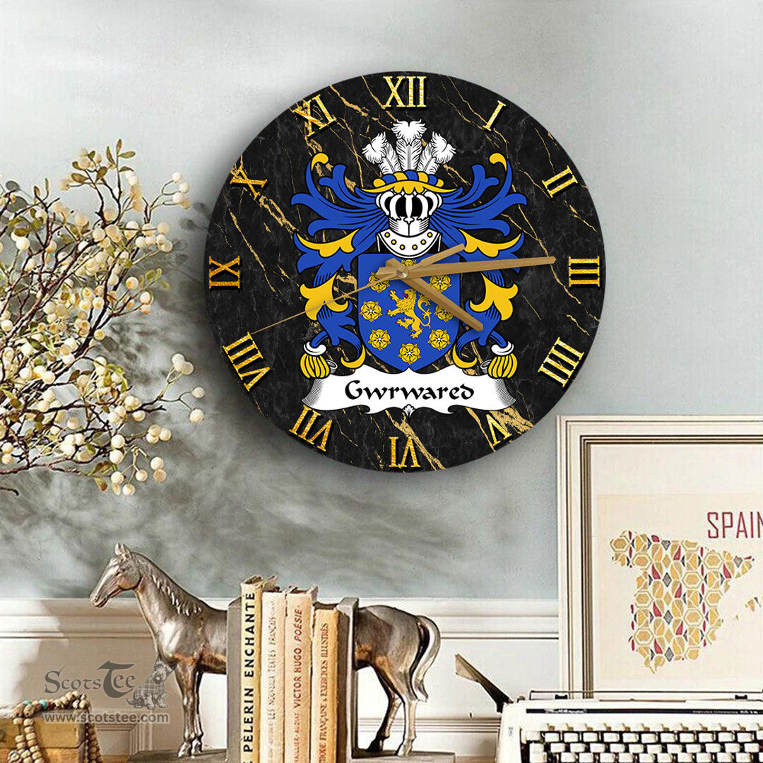 ScotsTee Shop Welsh Gwrwared AP GWILYM Coat of Arms Family Crest Wales Wooden Wall Clock Black and Gold Marble Wall Clock