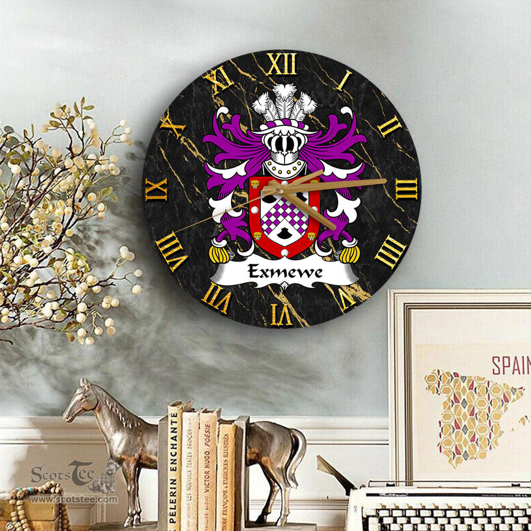 ScotsTee Shop Welsh Exmewe of Ruthin Denbighshire Coat of Arms Family Crest Wales Wooden Wall Clock Black and Gold Marble Wall Clock