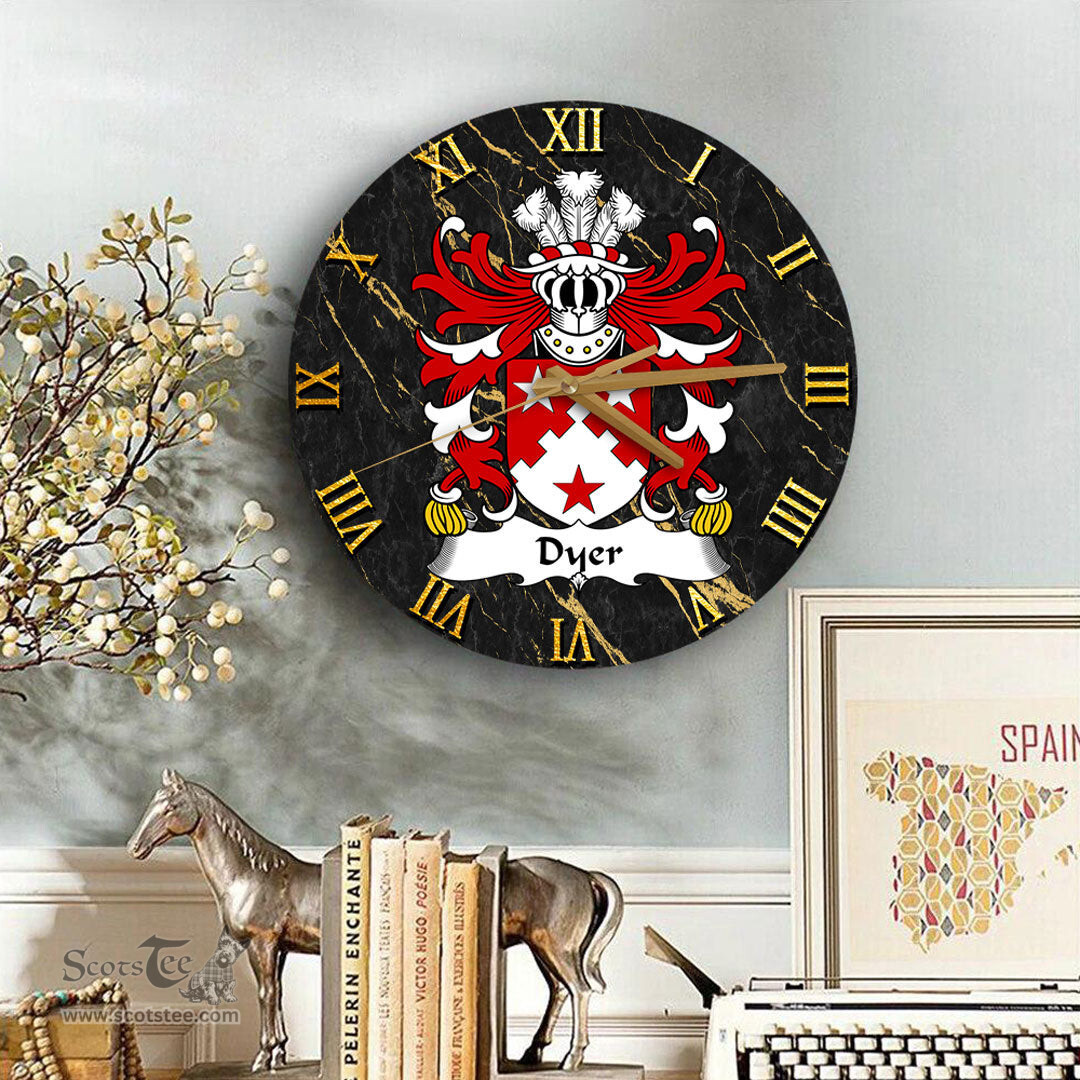 ScotsTee Shop Welsh Dyer of Haverfordwest Carmarthenshire Coat of Arms Family Crest Wales Wooden Wall Clock Black and Gold Marble Wall Clock