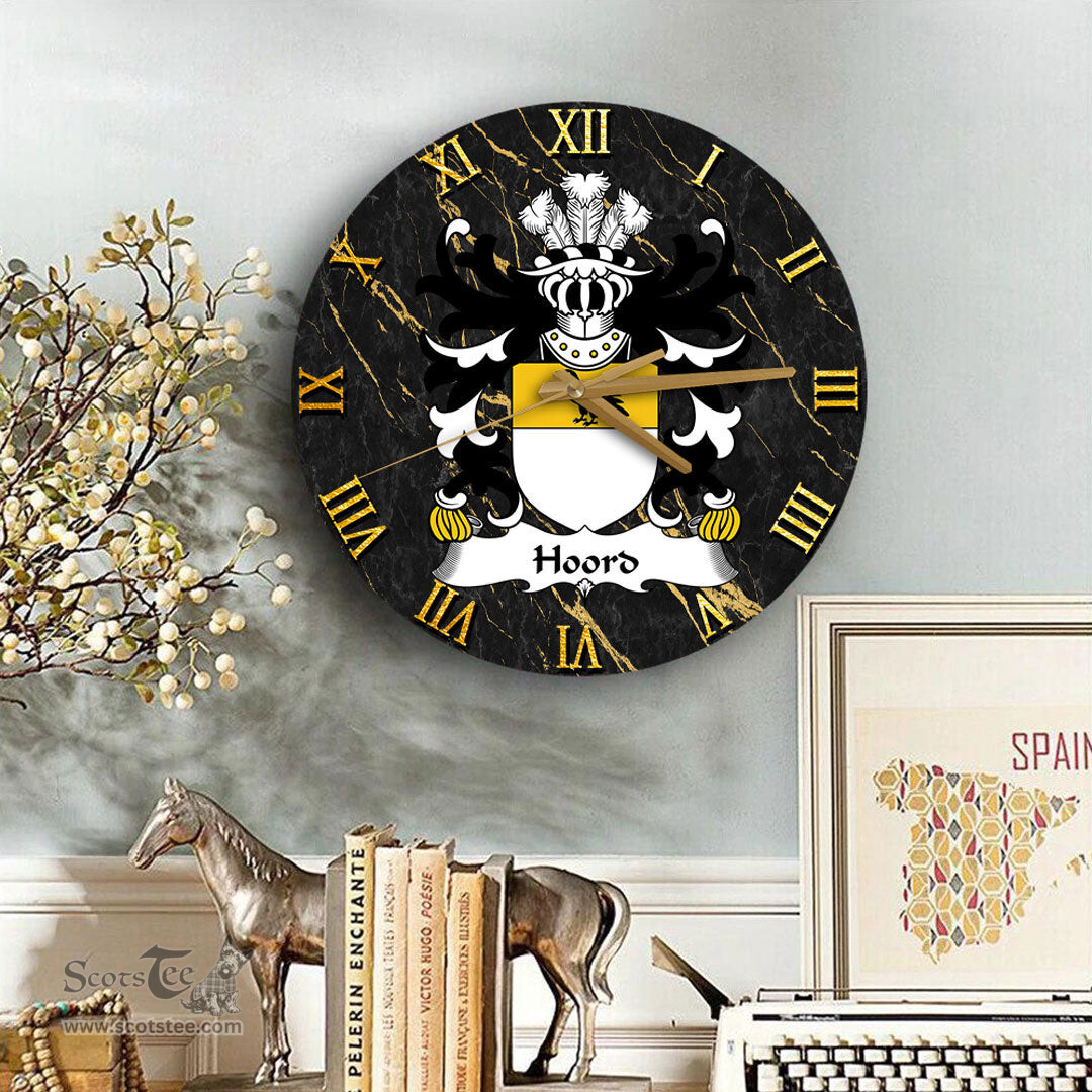 ScotsTee Shop Welsh Hoord Daughter m. Gruffudd Kynaston Coat of Arms Family Crest Wales Wooden Wall Clock Black and Gold Marble Wall Clock