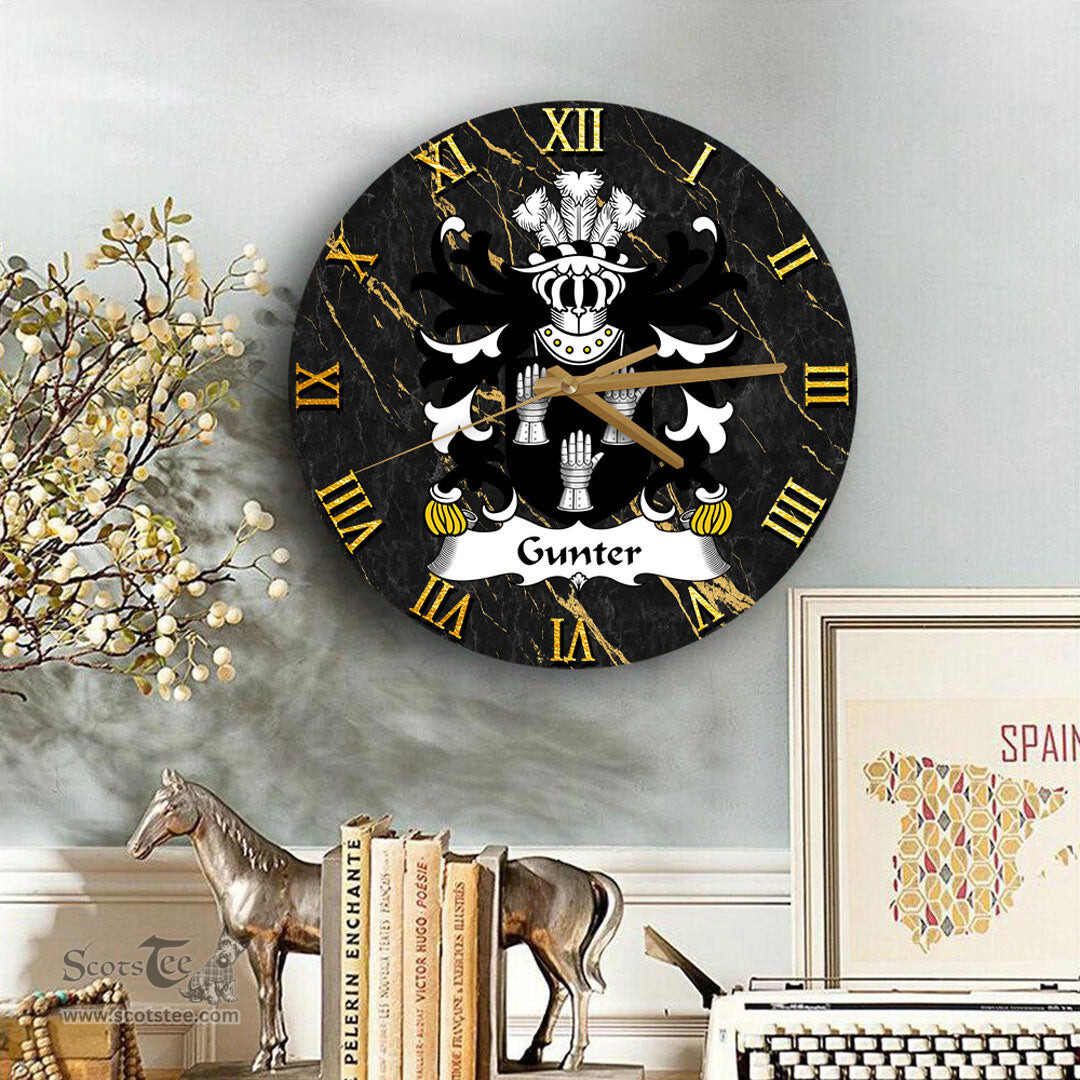 ScotsTee Shop Welsh Gunter of Tregunter and Gilston Breconshire Coat of Arms Family Crest Wales Wooden Wall Clock Black and Gold Marble Wall Clock