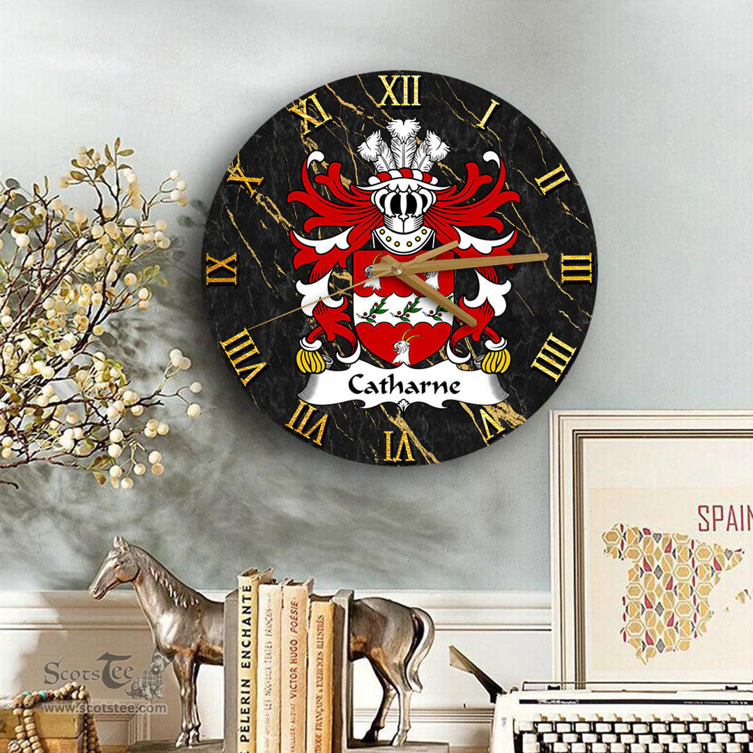 ScotsTee Shop Welsh Catharne of Prendergast Coat of Arms Family Crest Wales Wooden Wall Clock Black and Gold Marble Wall Clock