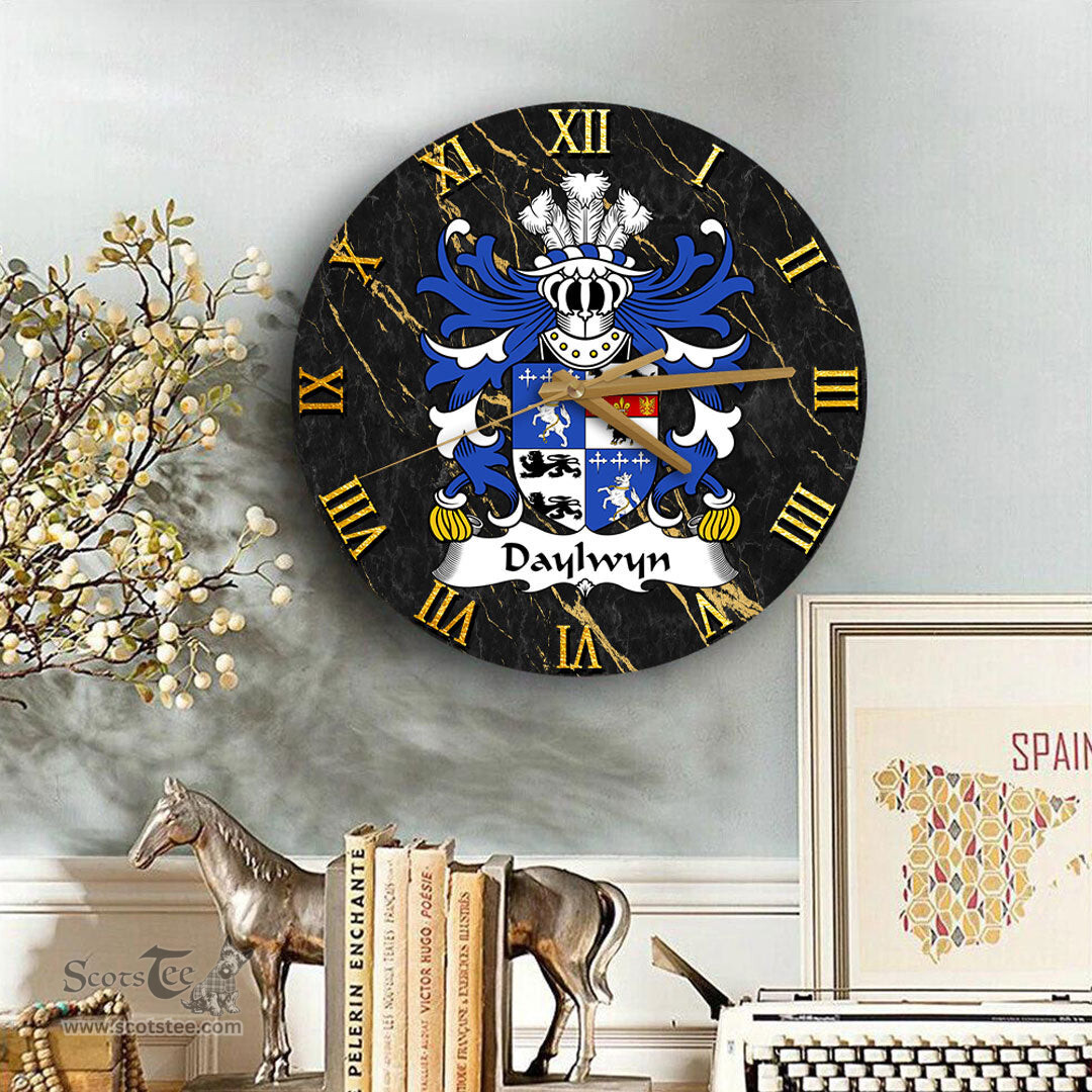 ScotsTee Shop Welsh Daylwyn or Bushe Coat of Arms Family Crest Wales Wooden Wall Clock Black and Gold Marble Wall Clock