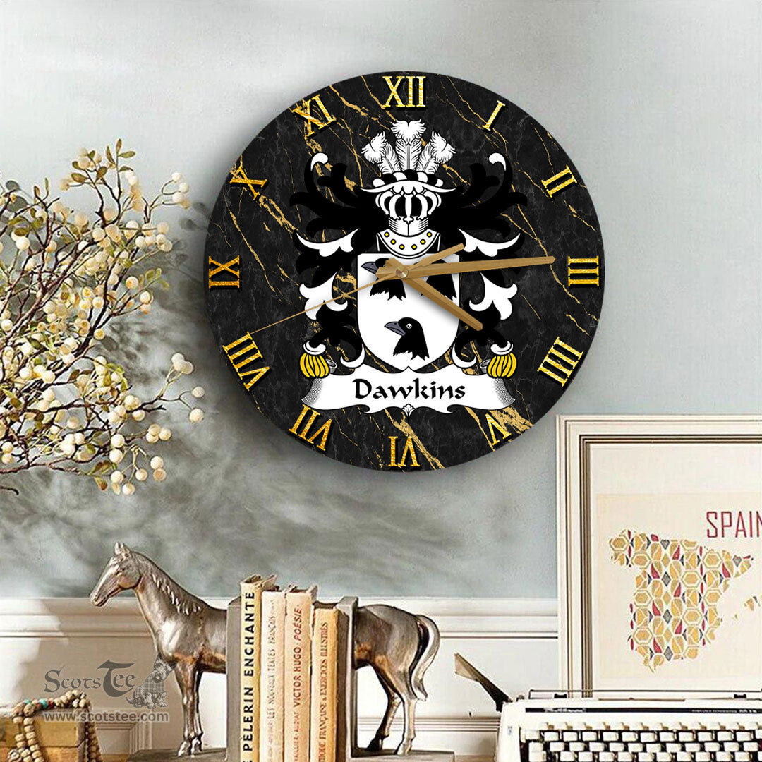 ScotsTee Shop Welsh Dawkins of Laugharne Carmarthenshire Coat of Arms Family Crest Wales Wooden Wall Clock Black and Gold Marble Wall Clock