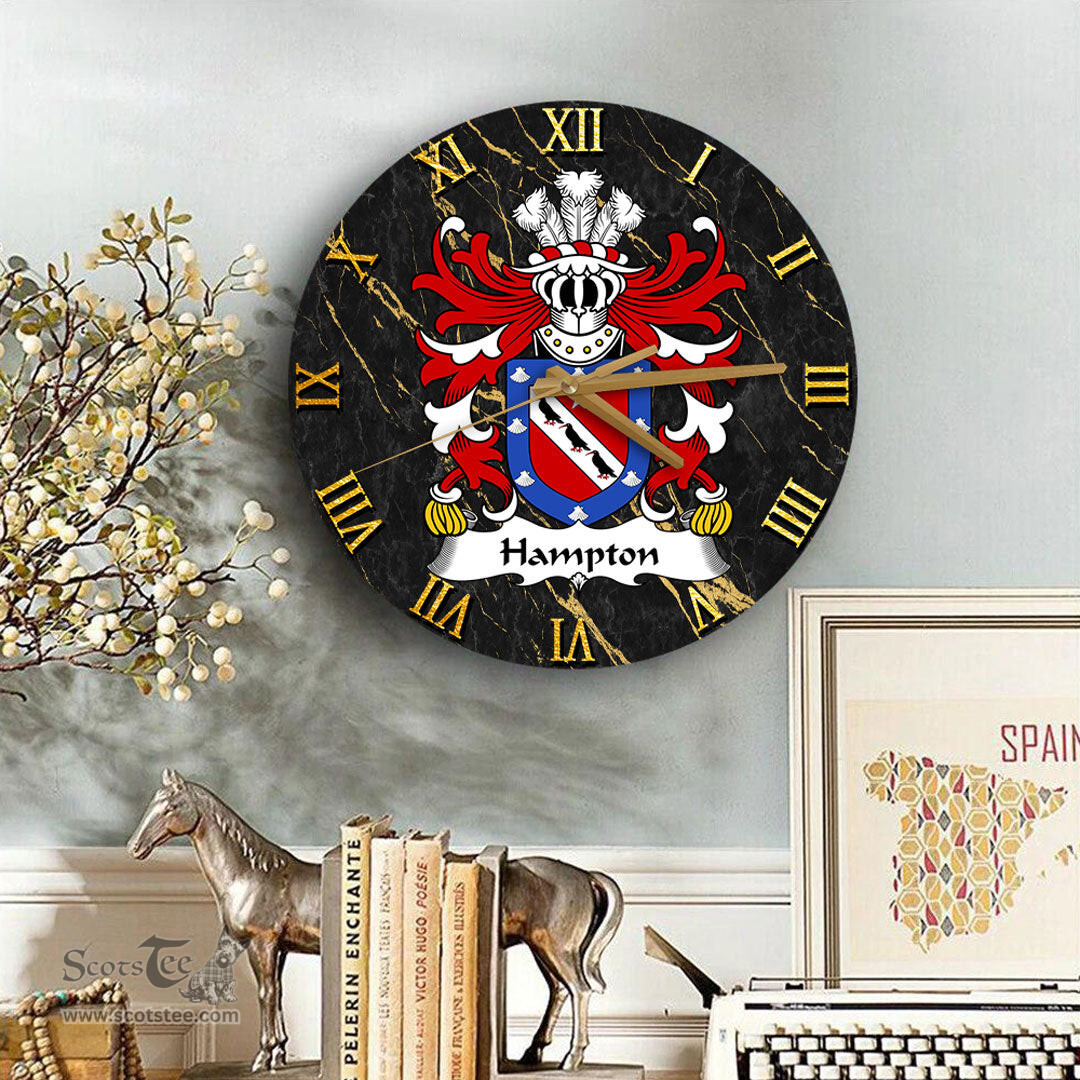 ScotsTee Shop Welsh Hampton mayor of Beaumaris Anglesey Coat of Arms Family Crest Wales Wooden Wall Clock Black and Gold Marble Wall Clock