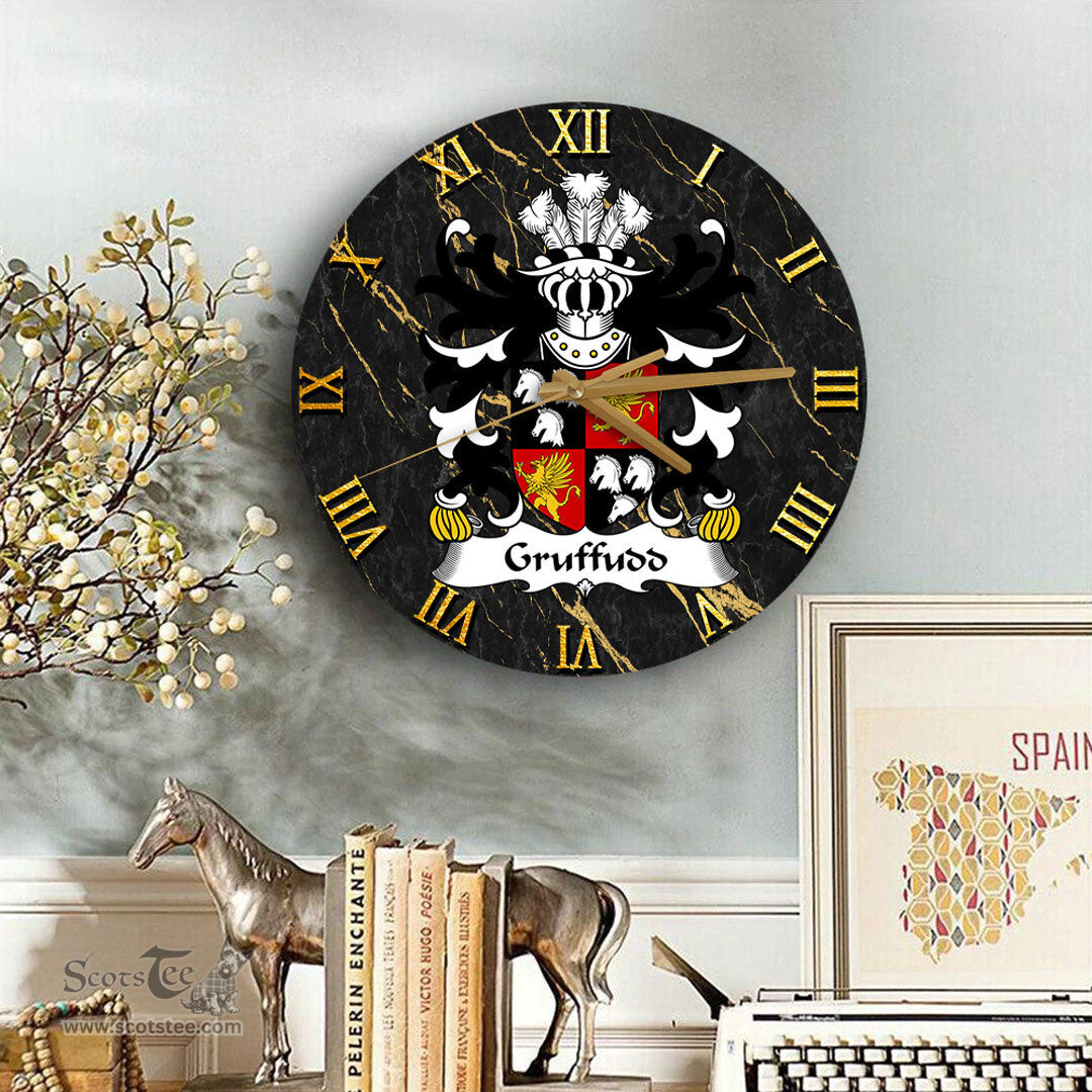 ScotsTee Shop Welsh Gruffudd FYCHAN Sir of Powys of Boniarth Coat of Arms Family Crest Wales Wooden Wall Clock Black and Gold Marble Wall Clock