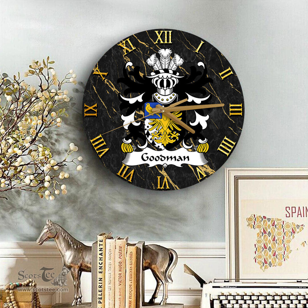 ScotsTee Shop Welsh Goodman of Ruthin Denbighshire Coat of Arms Family Crest Wales Wooden Wall Clock Black and Gold Marble Wall Clock