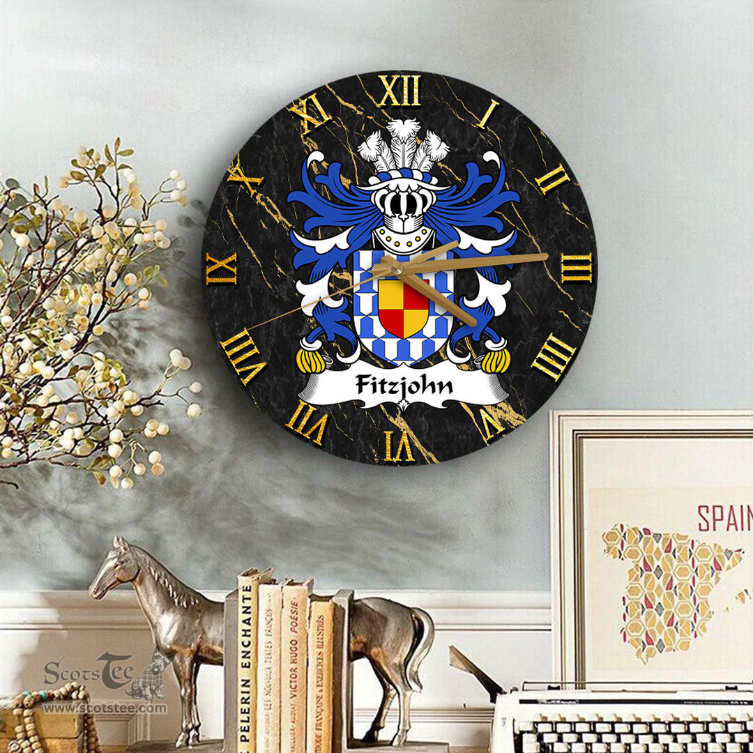 ScotsTee Shop Welsh Fitzjohn Coat of Arms Family Crest Wales Wooden Wall Clock Black and Gold Marble Wall Clock