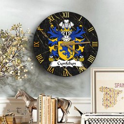 ScotsTee Shop Welsh Cynfelyn AP DOLFFIN Coat of Arms Family Crest Wales Wooden Wall Clock Black and Gold Marble Wall Clock