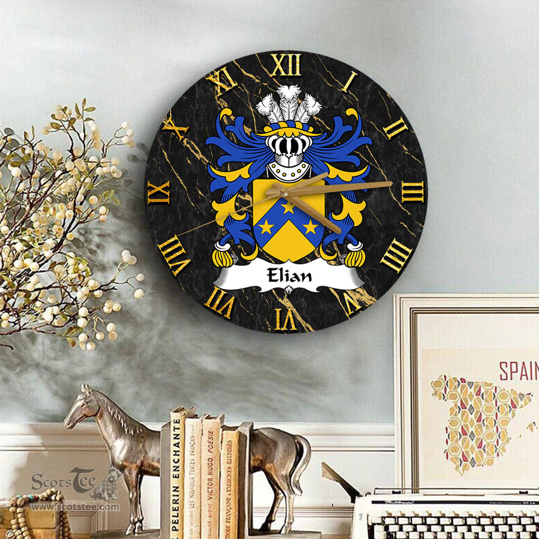 ScotsTee Shop Welsh Elian GEIMIAD Saint Coat of Arms Family Crest Wales Wooden Wall Clock Black and Gold Marble Wall Clock