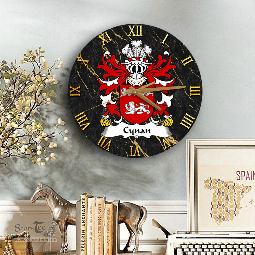 ScotsTee Shop Welsh Cynan AB IAGO Coat of Arms Family Crest Wales Wooden Wall Clock Black and Gold Marble Wall Clock
