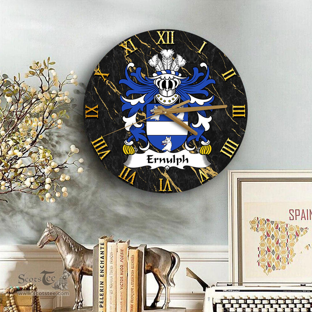 ScotsTee Shop Welsh Ernulph of Brynbuga Monmouthshire Coat of Arms Family Crest Wales Wooden Wall Clock Black and Gold Marble Wall Clock