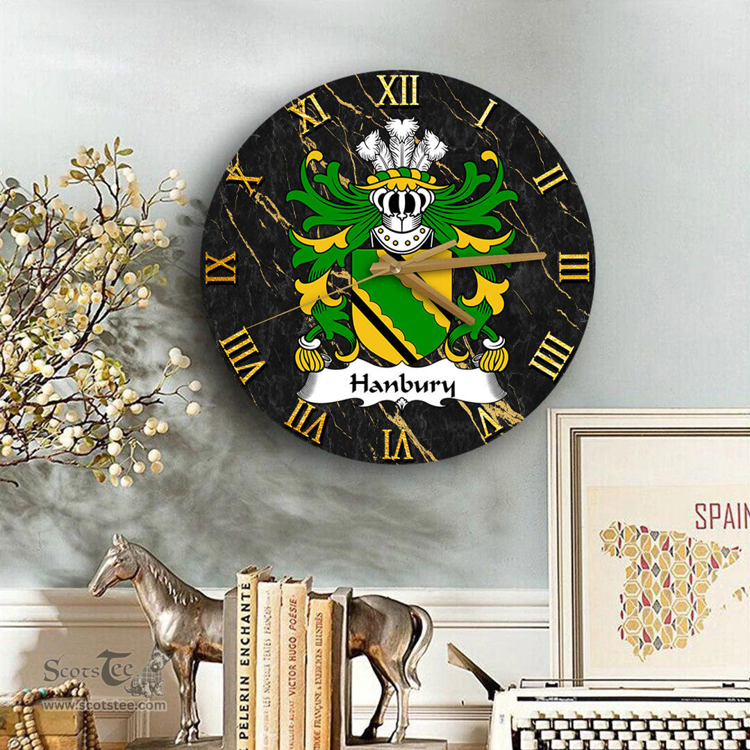 ScotsTee Shop Welsh Hanbury of Pontypool Monmouthshire Coat of Arms Family Crest Wales Wooden Wall Clock Black and Gold Marble Wall Clock