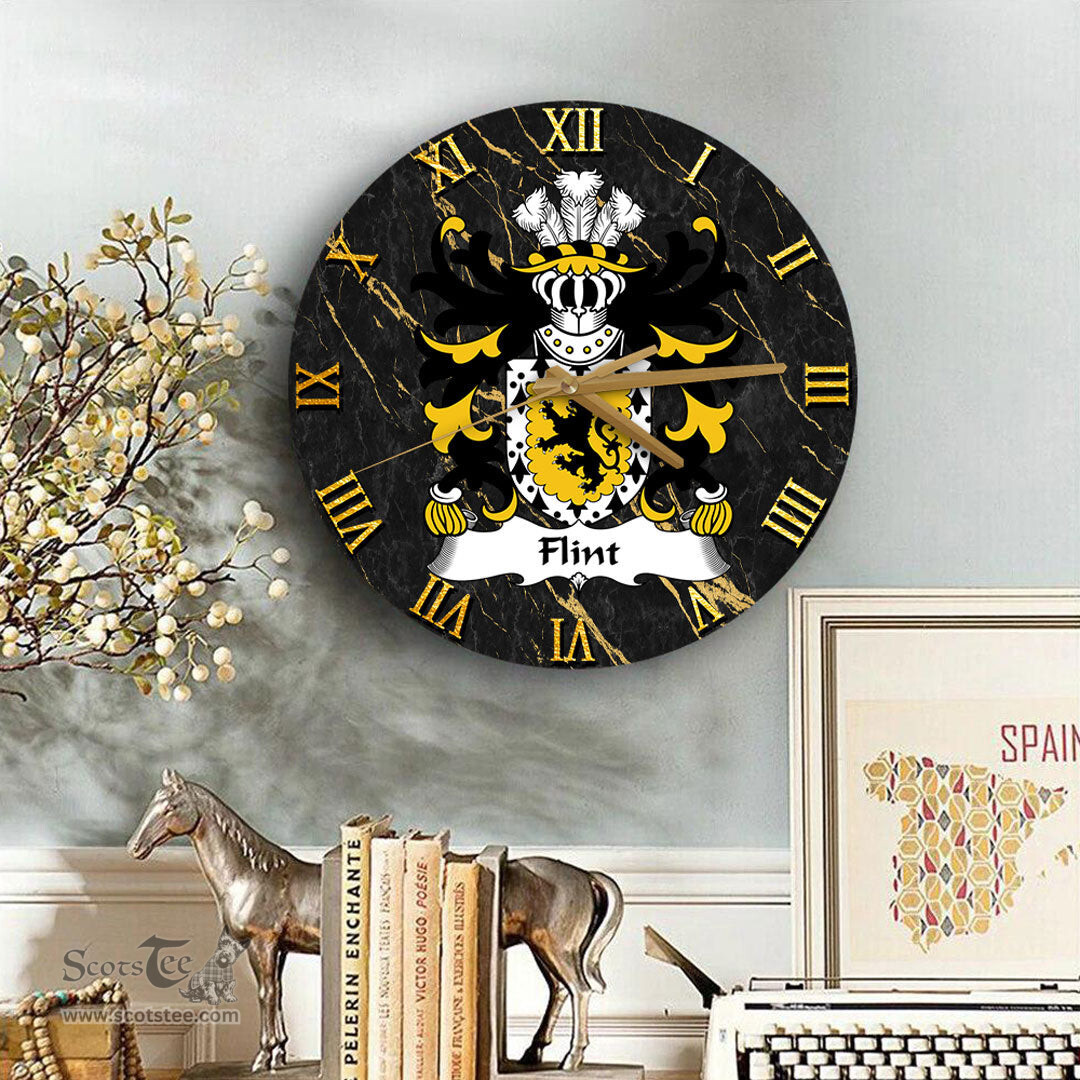 ScotsTee Shop Welsh Flint lord of Coat of Arms Family Crest Wales Wooden Wall Clock Black and Gold Marble Wall Clock