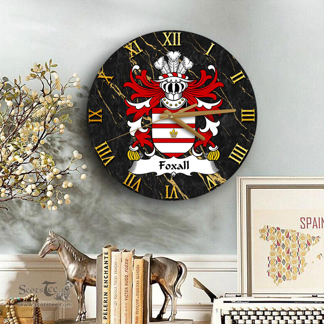 ScotsTee Shop Welsh Foxall of Foxall Denbighshire Coat of Arms Family Crest Wales Wooden Wall Clock Black and Gold Marble Wall Clock