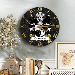 ScotsTee Shop Welsh Gravenor or Gosvenor Coat of Arms Family Crest Wales Wooden Wall Clock Black and Gold Marble Wall Clock
