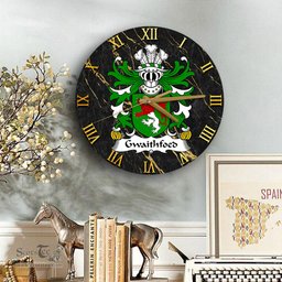 ScotsTee Shop Welsh Gwaithfoed of Powys Coat of Arms Family Crest Wales Wooden Wall Clock Black and Gold Marble Wall Clock