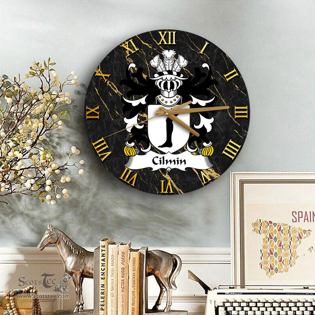 ScotsTee Shop Welsh Cilmin TROED DDU Coat of Arms Family Crest Wales Wooden Wall Clock Black and Gold Marble Wall Clock
